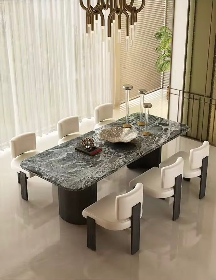 Mid-Century Travertine & Walnut Dining Table, Curved Stone Detail