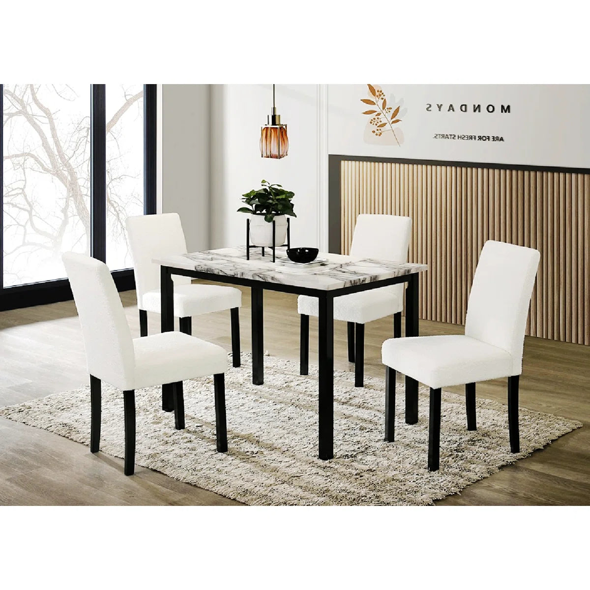 5 Piece White Faux Marble Dining Table Set