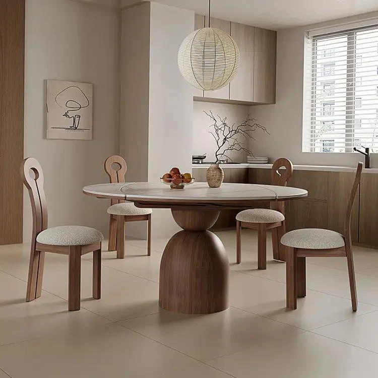 Modern Round Extendable Dining Table, Minimalist Walnut Wood Table
