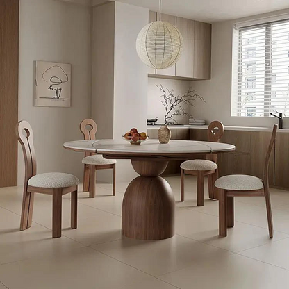 Modern Round Extendable Dining Table, Minimalist Walnut Wood Table