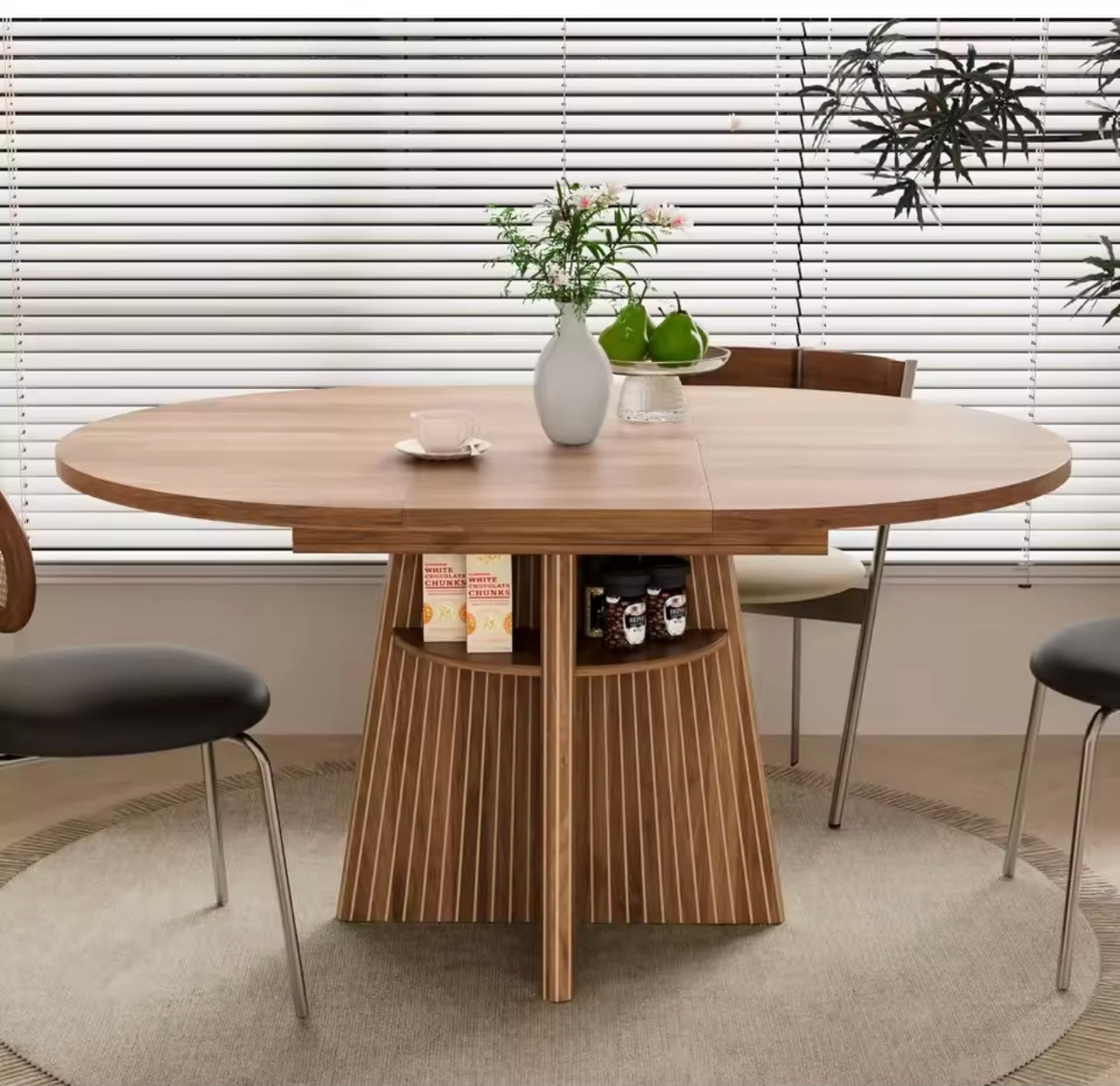 Extendable Round Dining Table with Storage Shelves for 4-8, Walnut