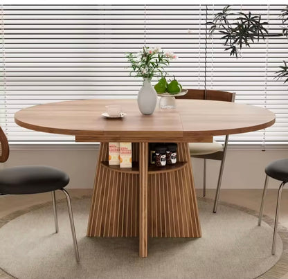 Extendable Round Dining Table with Storage Shelves for 4-8, Walnut