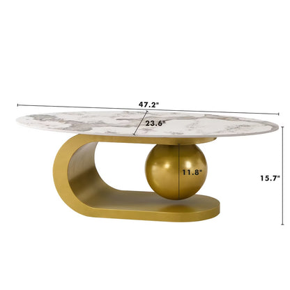 47.2" Marble Oval Coffee Table, Modern White and Gold Coffee Table