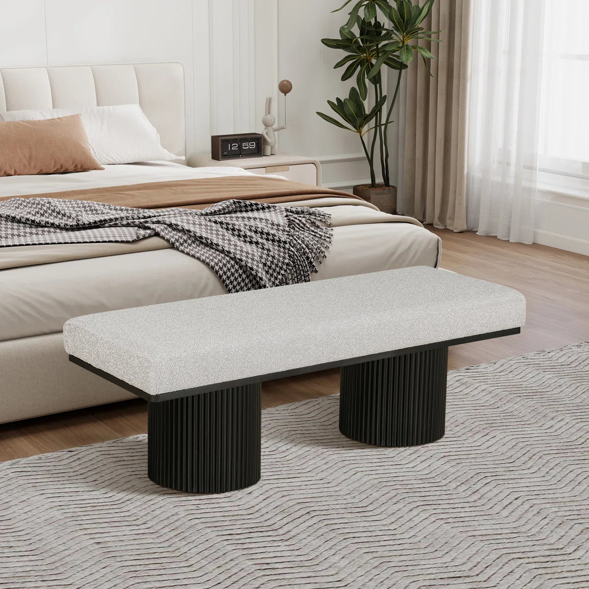 Light Grey Bouclé Upholstered Bedroom Bench