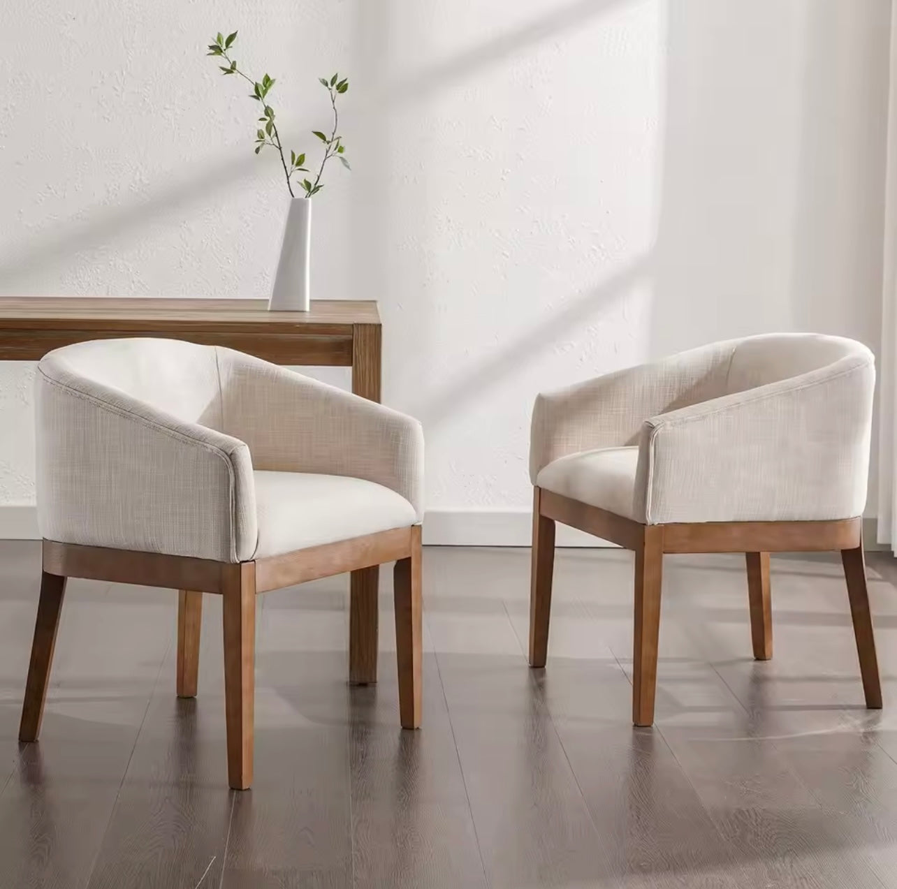 Beige Mid-Century Linen Upholstered Dining Chairs with Curved Backrest