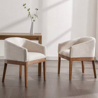Beige Mid-Century Linen Upholstered Dining Chairs with Curved Backrest