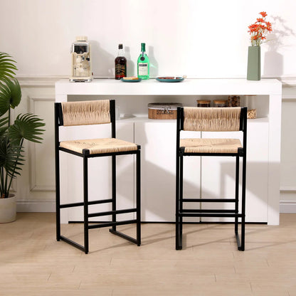 Set of 2 Bar Stools - Honey Counter Height Stools with Paper Rope Seats