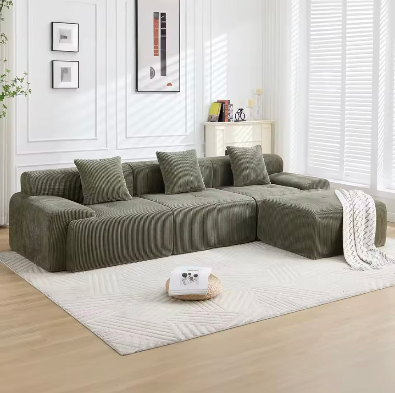 118” Modular Cloud Corduroy Sectional Sofa with Chaise, Green