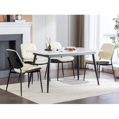 Set of 2 Mid Century Dining Chairs, Beige Faux Leather Dining Chairs