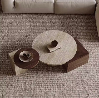 Solid Wood & Roman Cave Stone Coffee Table with Rounded Corners