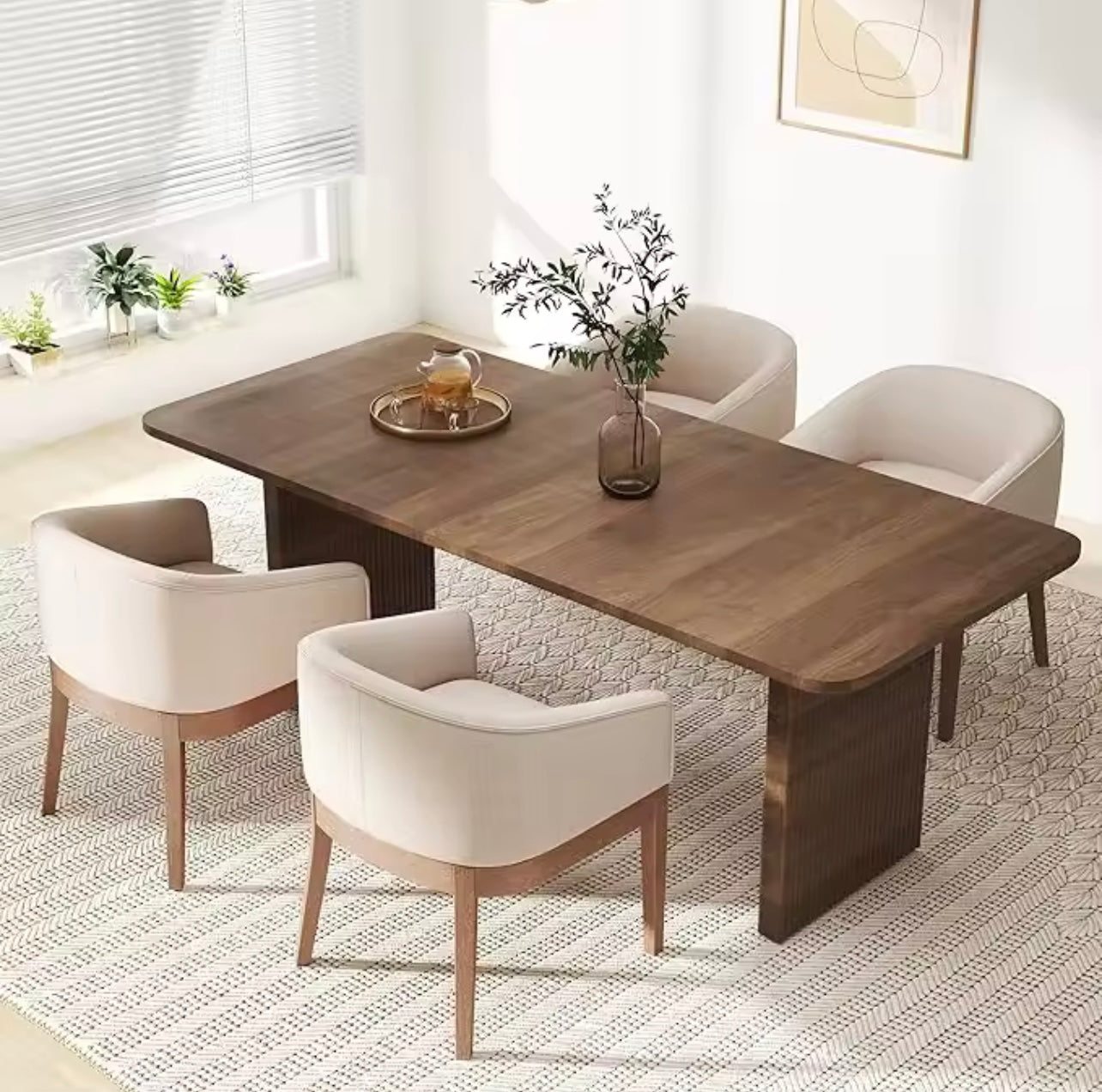 Beige Mid-Century Linen Upholstered Dining Chairs with Curved Backrest