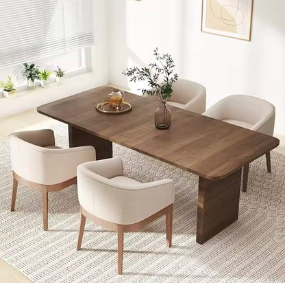 Beige Mid-Century Linen Upholstered Dining Chairs with Curved Backrest