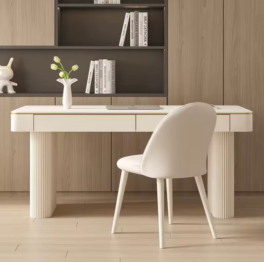 White Office Desk with Storage Drawers, Rock Slab Tabletop