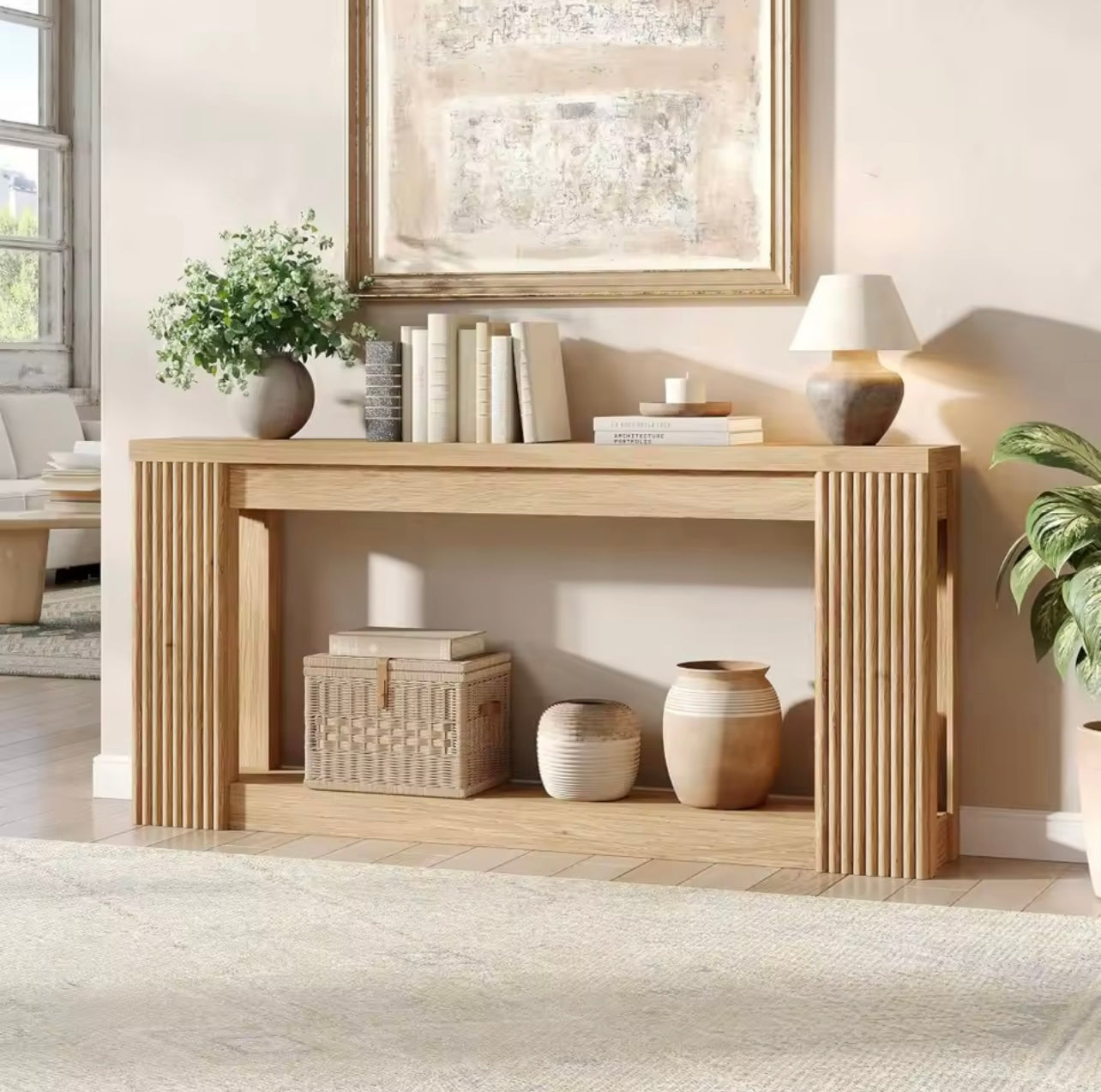 71” Farmhouse Console Table with Fluted Wood Design and Storage