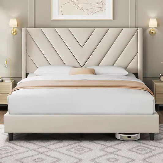 Beige Queen Upholstered Platform Bed with Winged Tufted Headboard