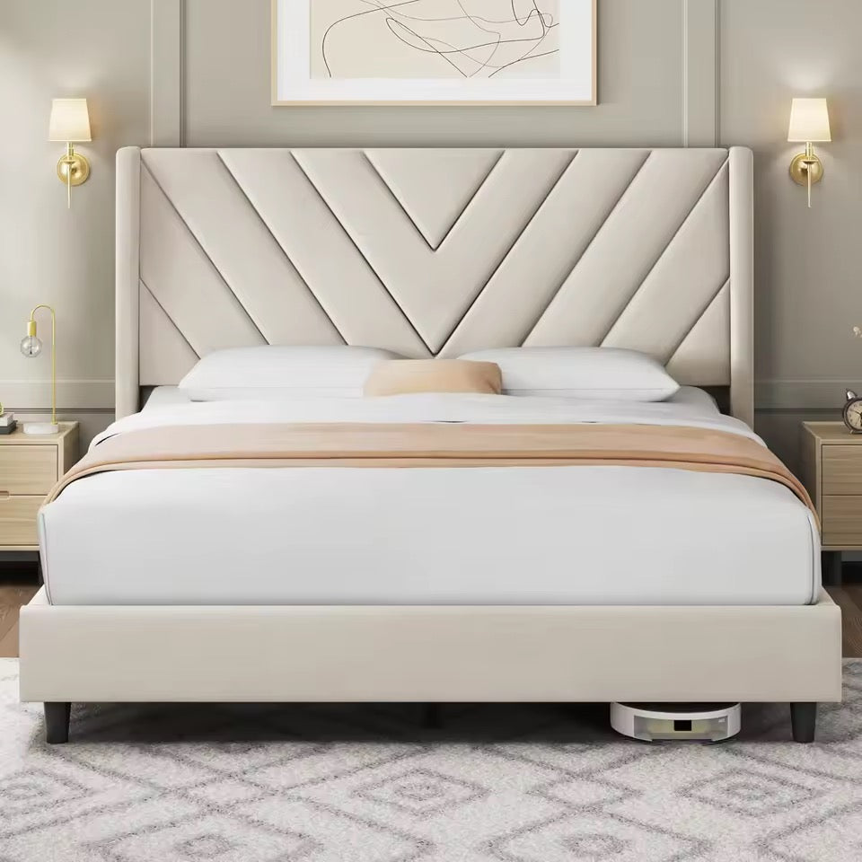 Beige Queen Upholstered Platform Bed with Winged Tufted Headboard