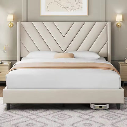 Beige Queen Upholstered Platform Bed with Winged Tufted Headboard