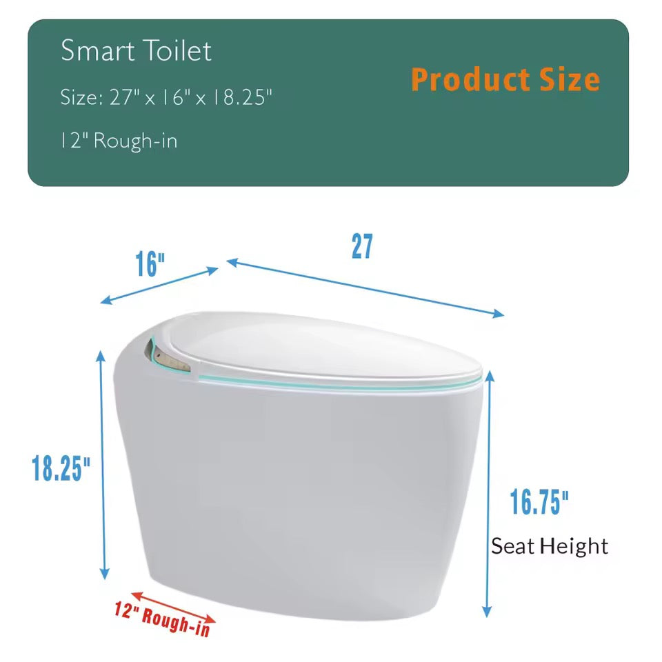 Smart Bidet Toilet, Auto Open/Close, Foot Sensor Flush, Heated Seat, Warm Air Dryer, LED Display
