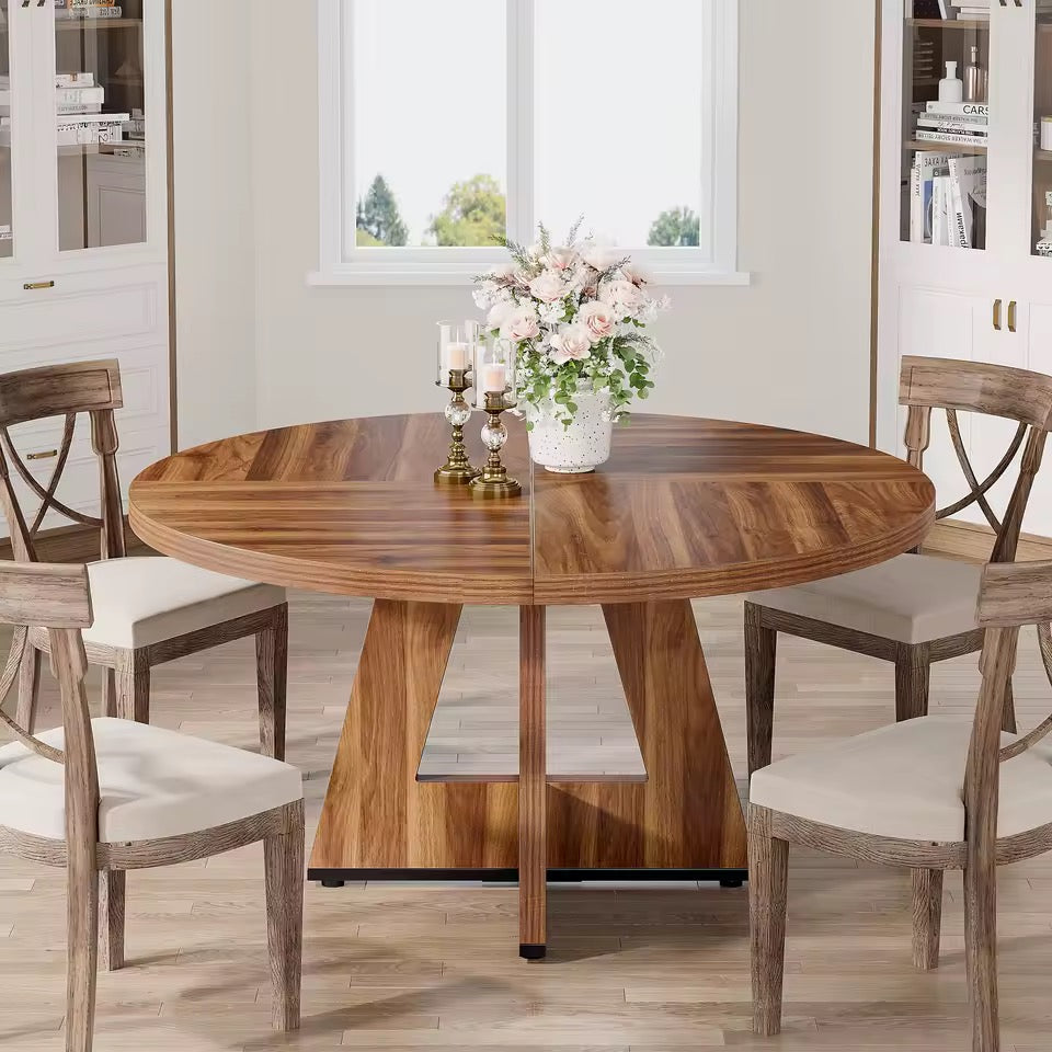 Farmhouse Round Dining Table, Rustic Wooden Kitchen Table for 4–6