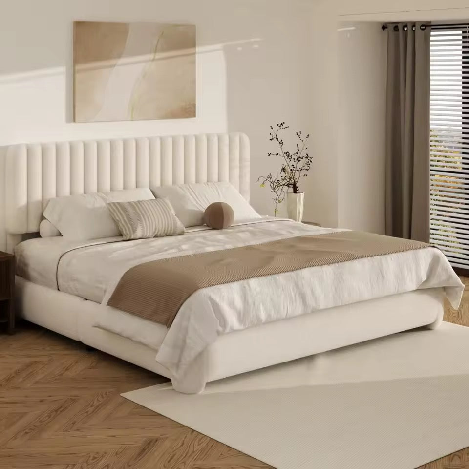 Beige Upholstered Boucle Platform Bed with Adjustable Headboard