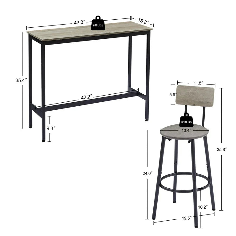 Grey Bar Table Set with 2 Upholstered Stools