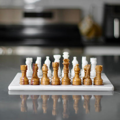 Travel Chess Board - Marble Chess Set - White and Brown Chess Board