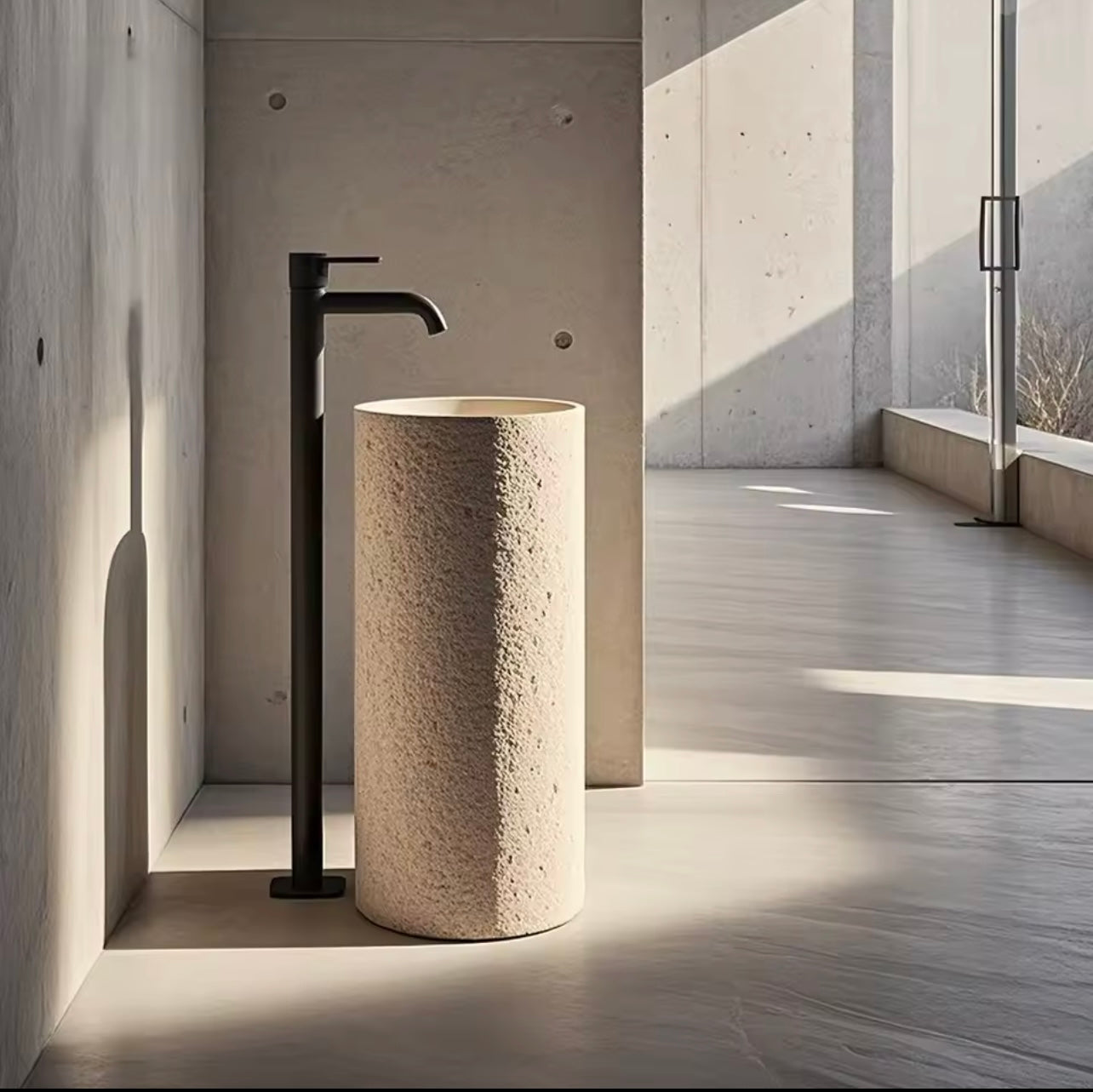 Beige Marble Pedestal Sink, Hand-carved Freestanding Basin