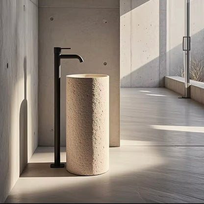 Beige Marble Pedestal Sink, Hand-carved Freestanding Basin