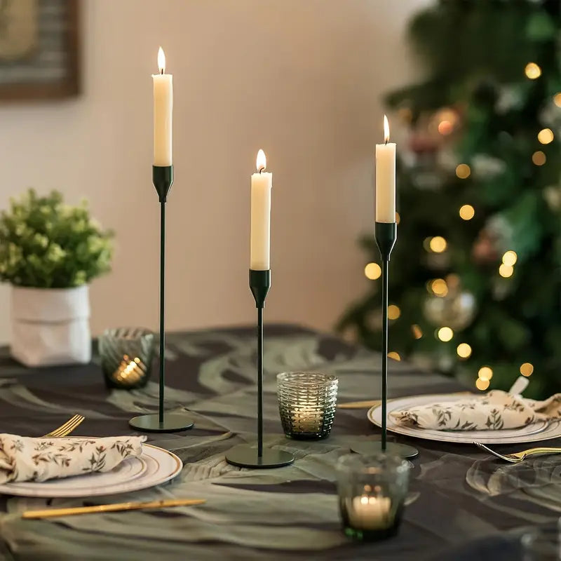 Set of 3 Green Candlestick Holders - Metal Taper Candle Holders