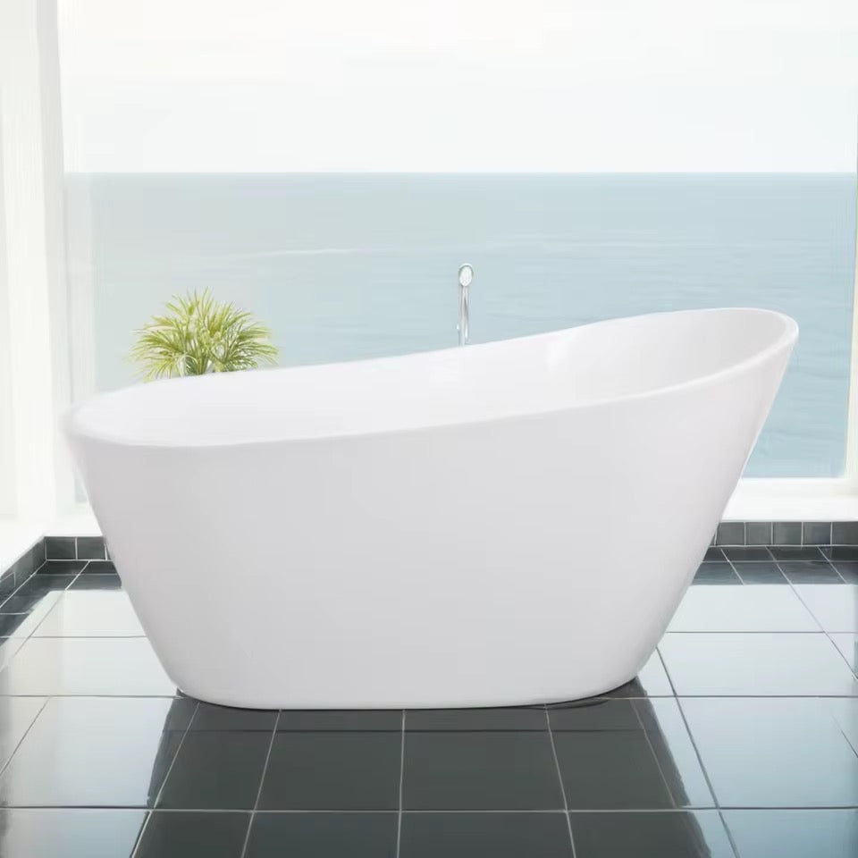Modern White Freestanding Soaking Tub, 59” Glossy Acrylic Spa Bath