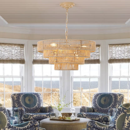 Rattan Chandelier – 4-Layer Farmhouse Pendant