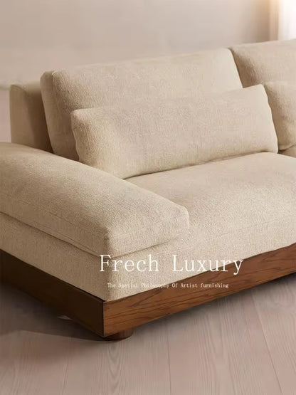 Beige Cotton and Linen French Minimalist Sofa with Walnut Base