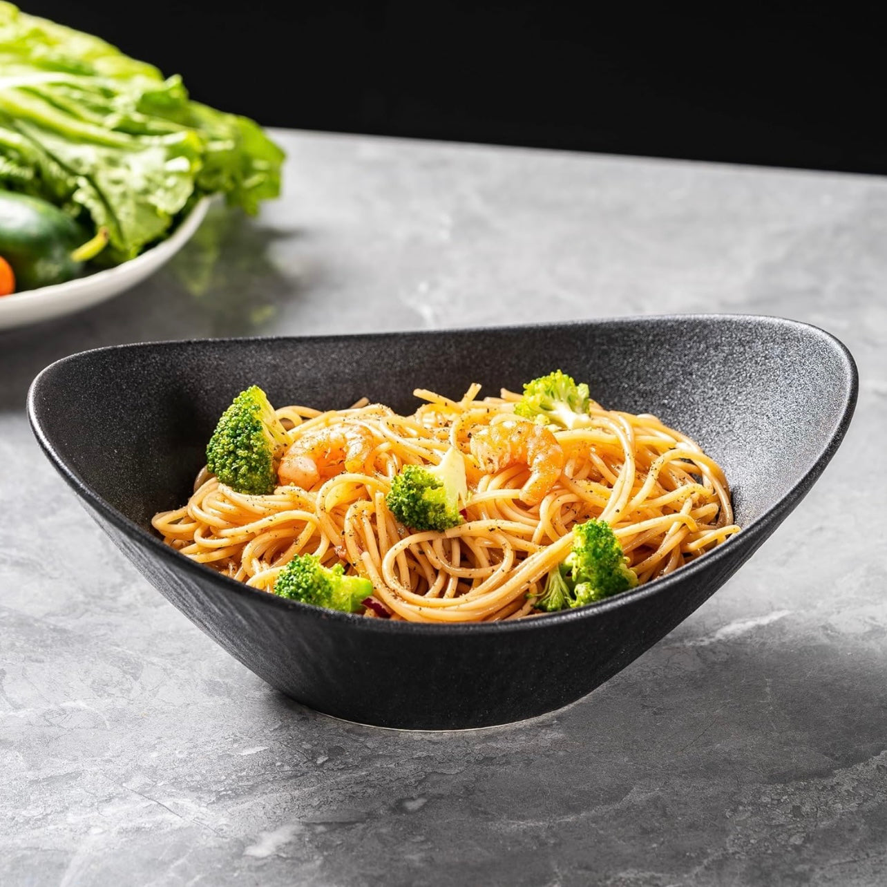 Black Oval Ceramic Salad Bowl Set