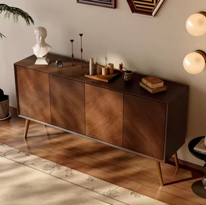 Modern Herringbone Solid Wood Sideboard with Walnut Finish