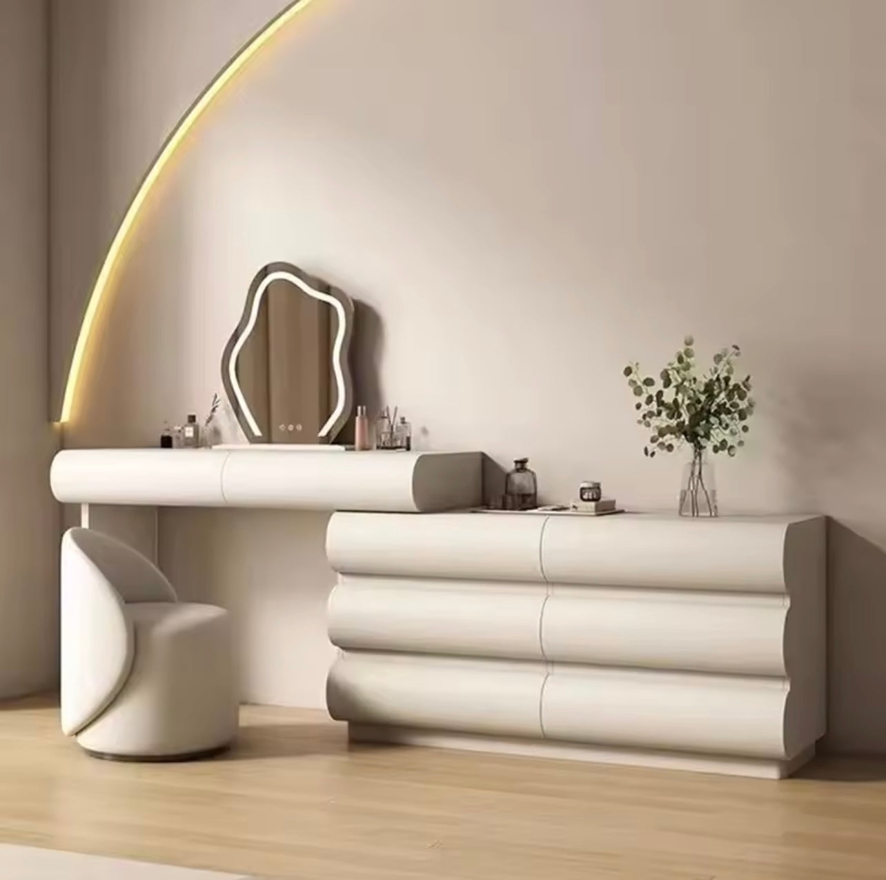 Minimalist Adjustable Luxury Vanity Table with Mirror, Drawers & Stool