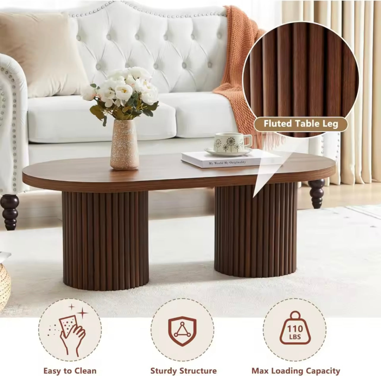 Mid Century Oval Coffee Table, Walnut Wood Fluted Center Table