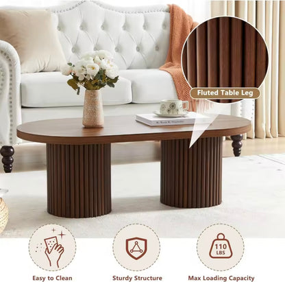 Mid Century Oval Coffee Table, Walnut Wood Fluted Center Table