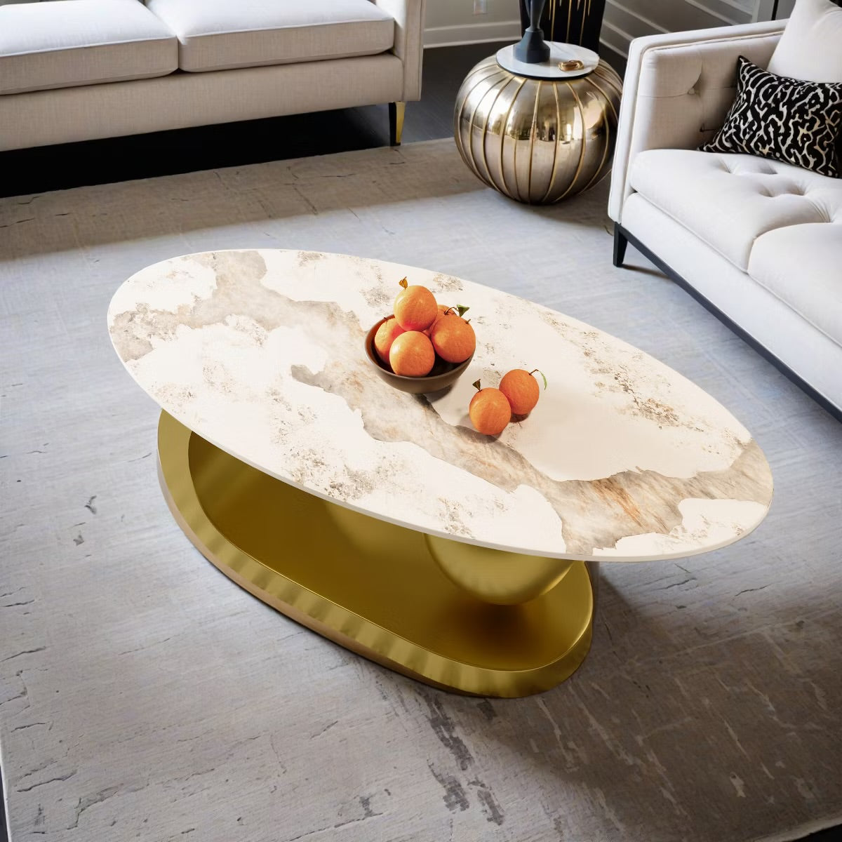 47.2" Marble Oval Coffee Table, Modern White and Gold Coffee Table