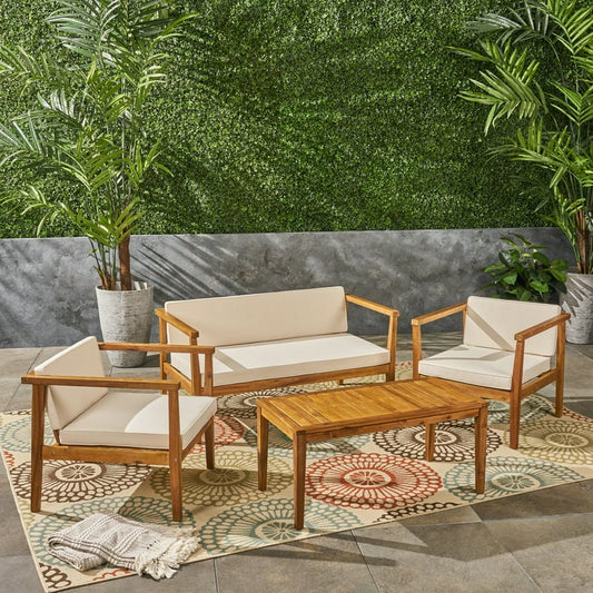 4 Seater Teak & Beige Outdoor Acacia Wood Set