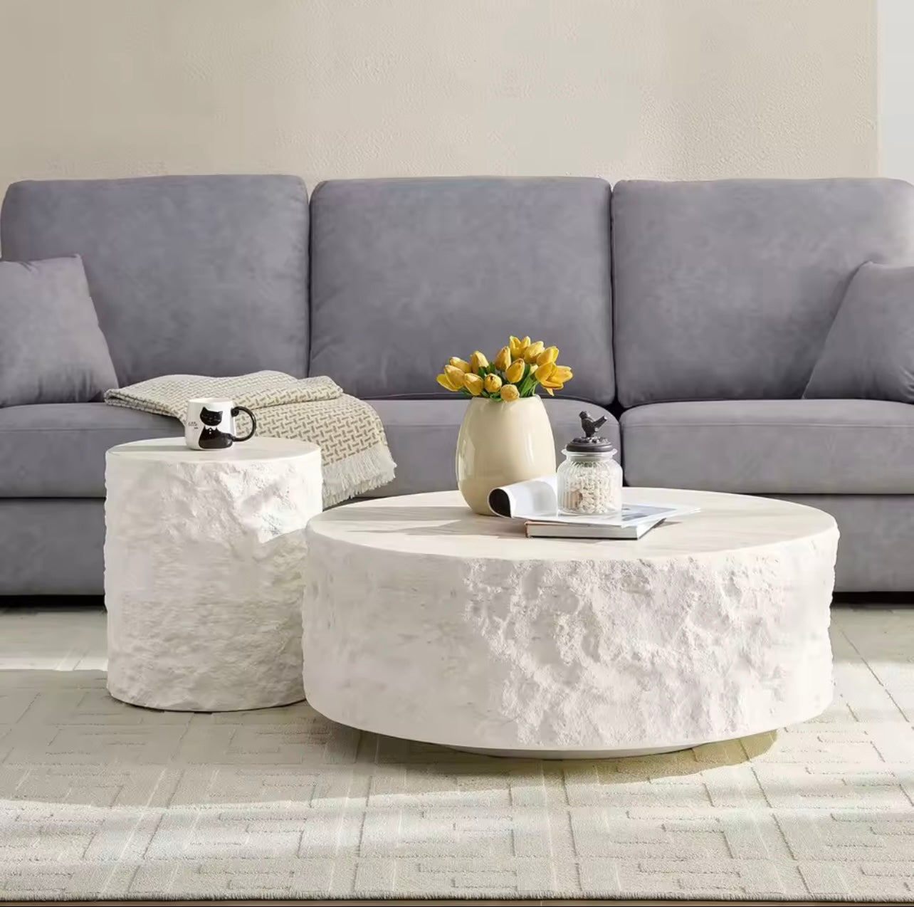 Round Cement Stone Drum Coffee Table, Fiberglass Faux Marble Finish