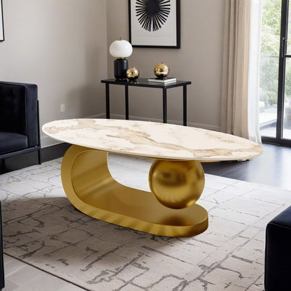 47.2" Marble Oval Coffee Table, Modern White and Gold Coffee Table