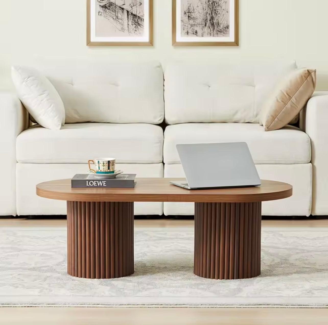 Mid Century Oval Coffee Table, Walnut Wood Fluted Center Table