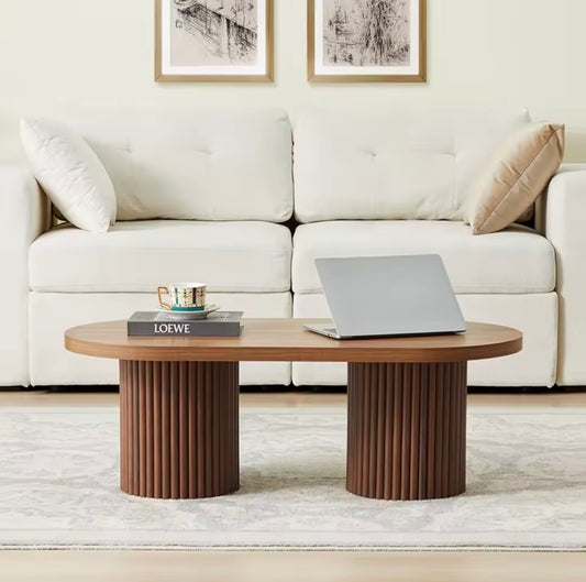 Mid Century Oval Coffee Table, Walnut Wood Fluted Center Table