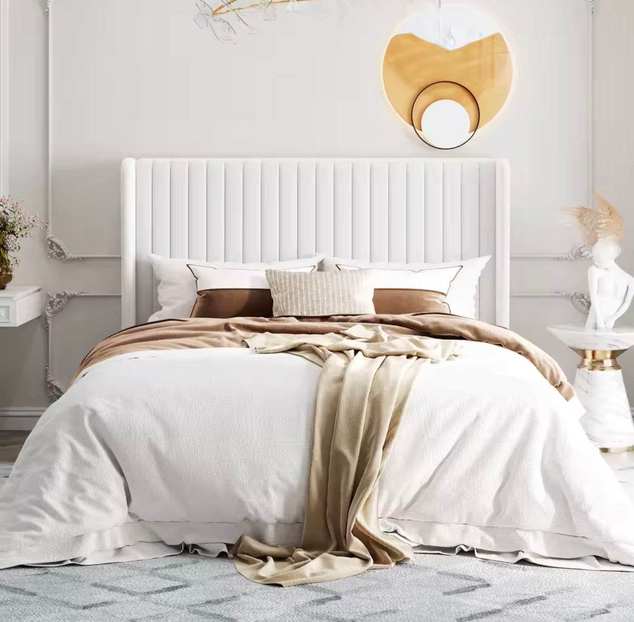 Velvet Upholstered Bed Frame with Vertical Wingback Headboard