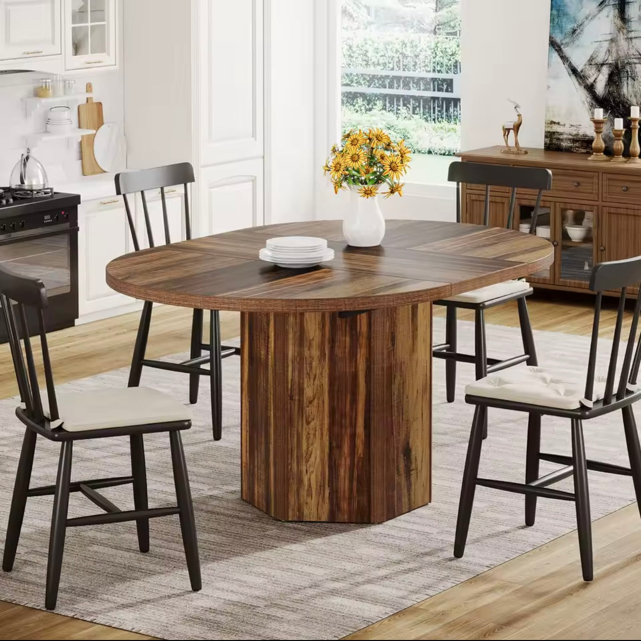 Rustic Wood Curved Dining Table with Polygon Base, Seats 6