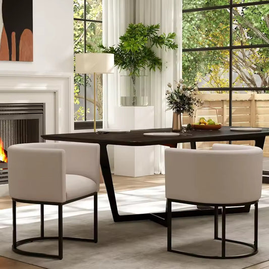 Set of 2 Linen Upholstered Barrel Dining Chairs, Beige and Black