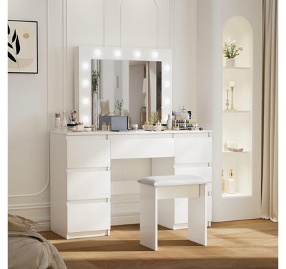 White Vanity Table - Vanity Mirror with Lights and Stool