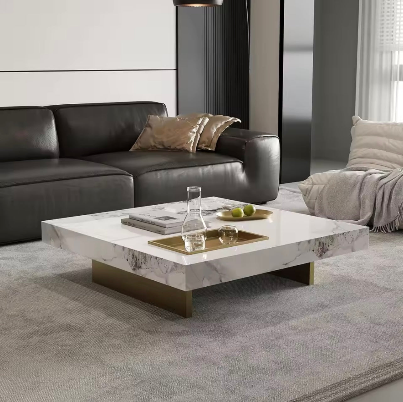 42” Square Marble Coffee Table with Gold Stainless Steel Base, White
