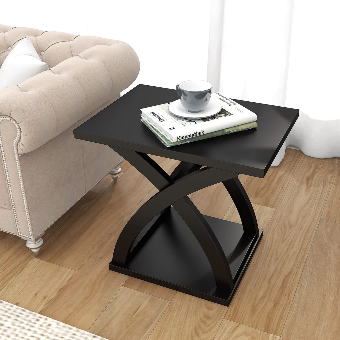 Modern Black X-Design End Table with Shelf