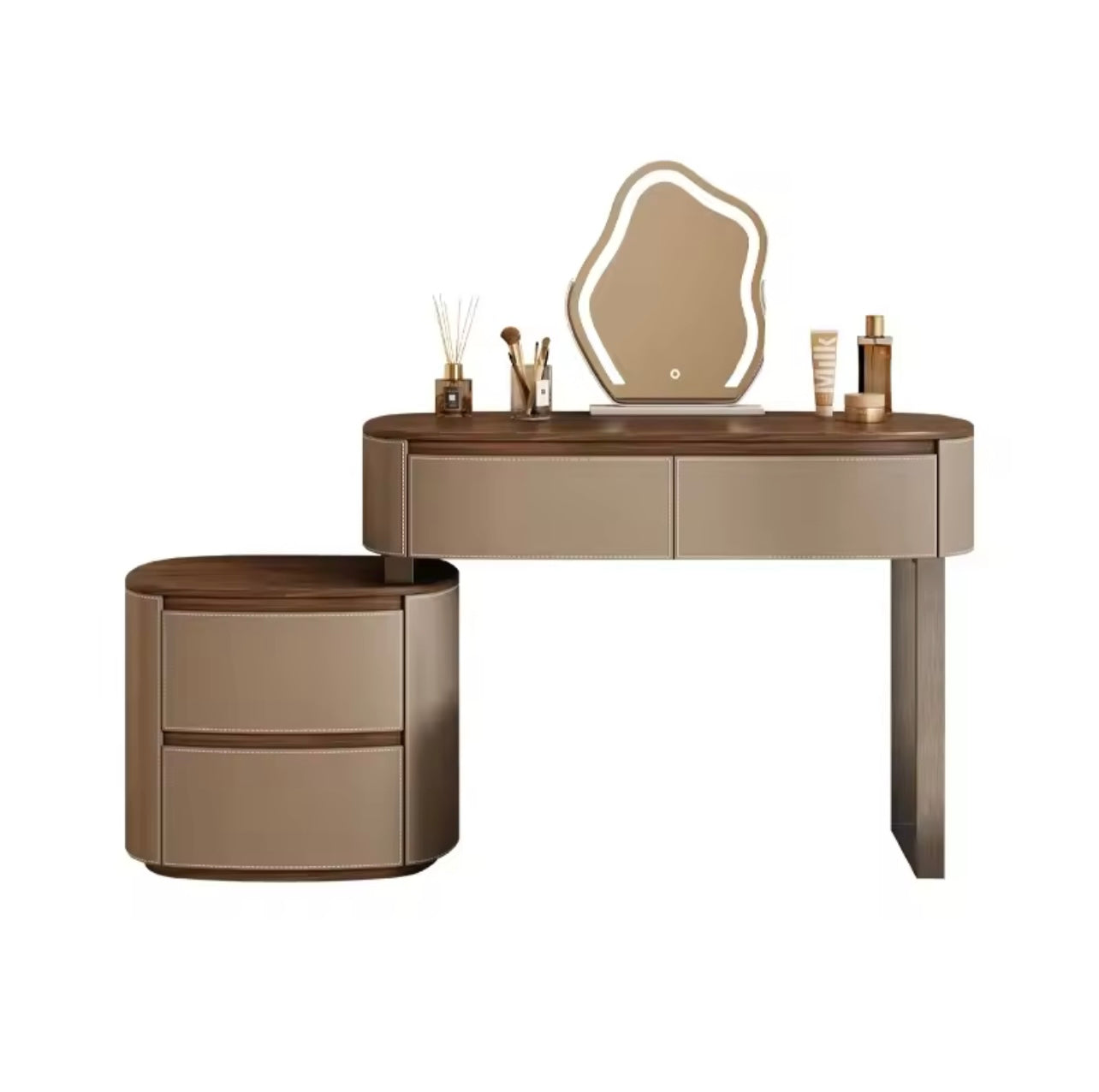 Saddle Leather Vanity Table with LED Mirror & Adjustable Storage, Walnut